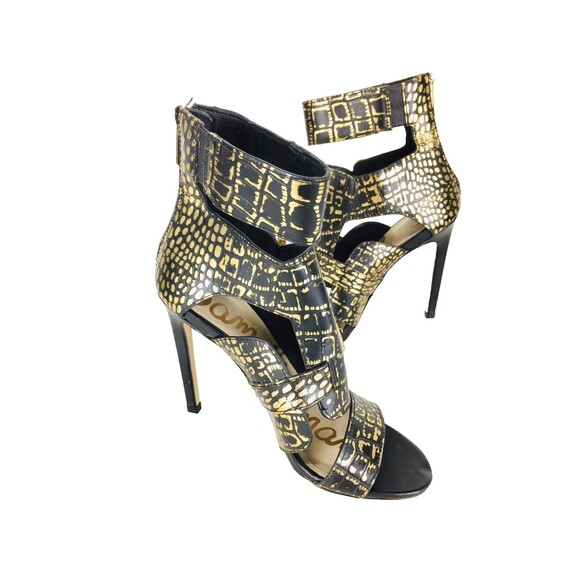 Sam Edelman Black & Gold Animal Print Strappy Caged Stiletto Heels Size 6M - Picture 4 of 12